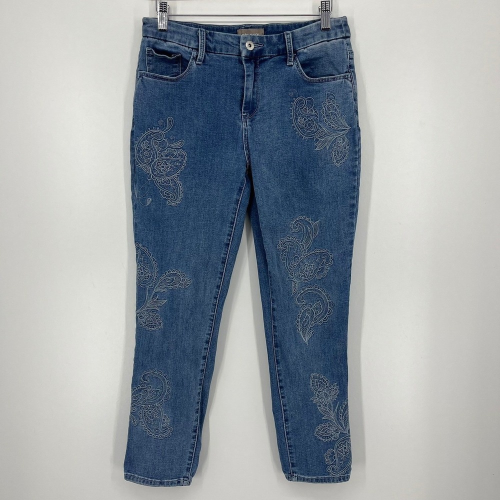Chicos Womens Blue Paisley Embroidered Ankle Jeans Size 0 Medium Wash Slim Fit